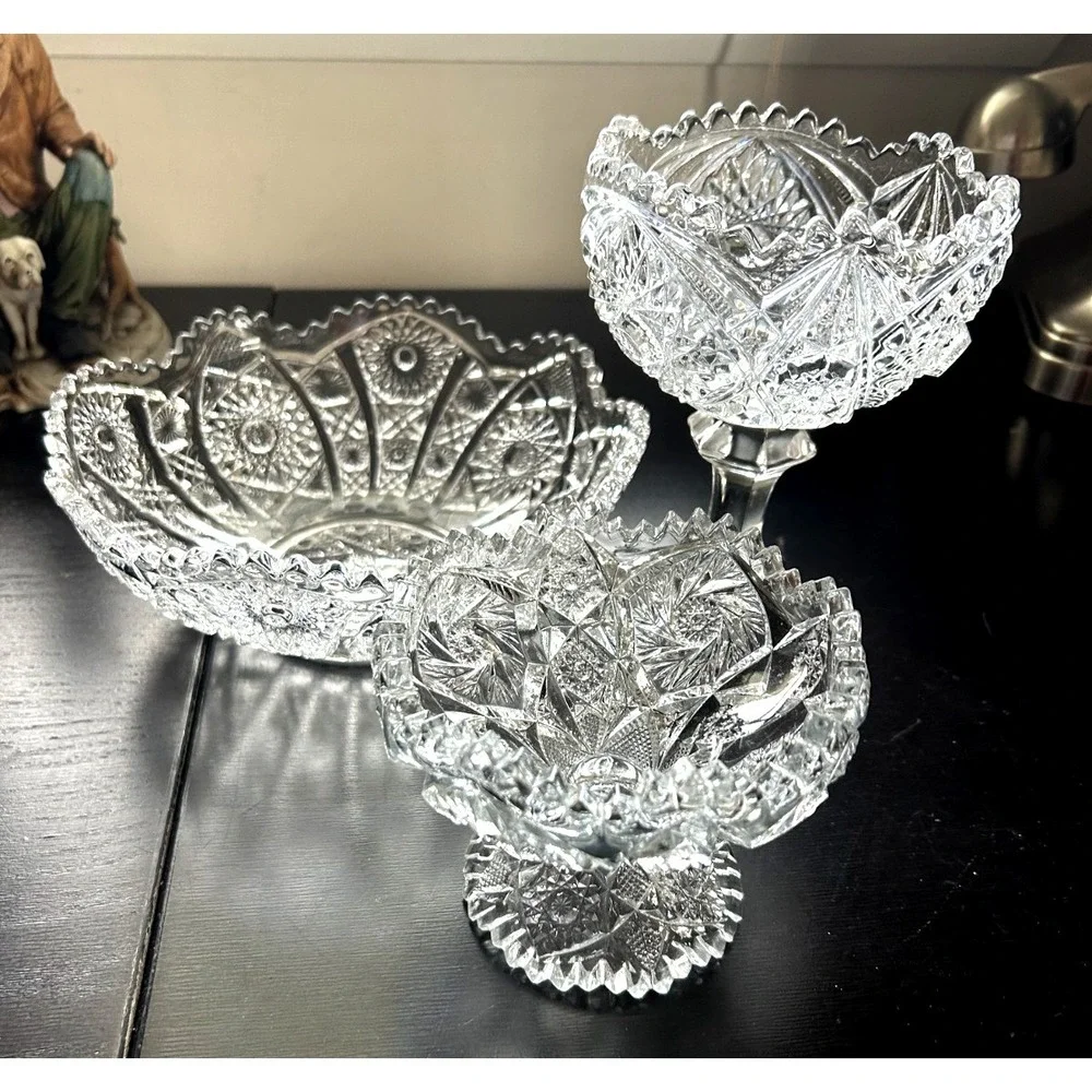 Vintage Brilliant Cut Glass Pedestal Compote Bowl Hobstar Sawtooth Edge 4.75